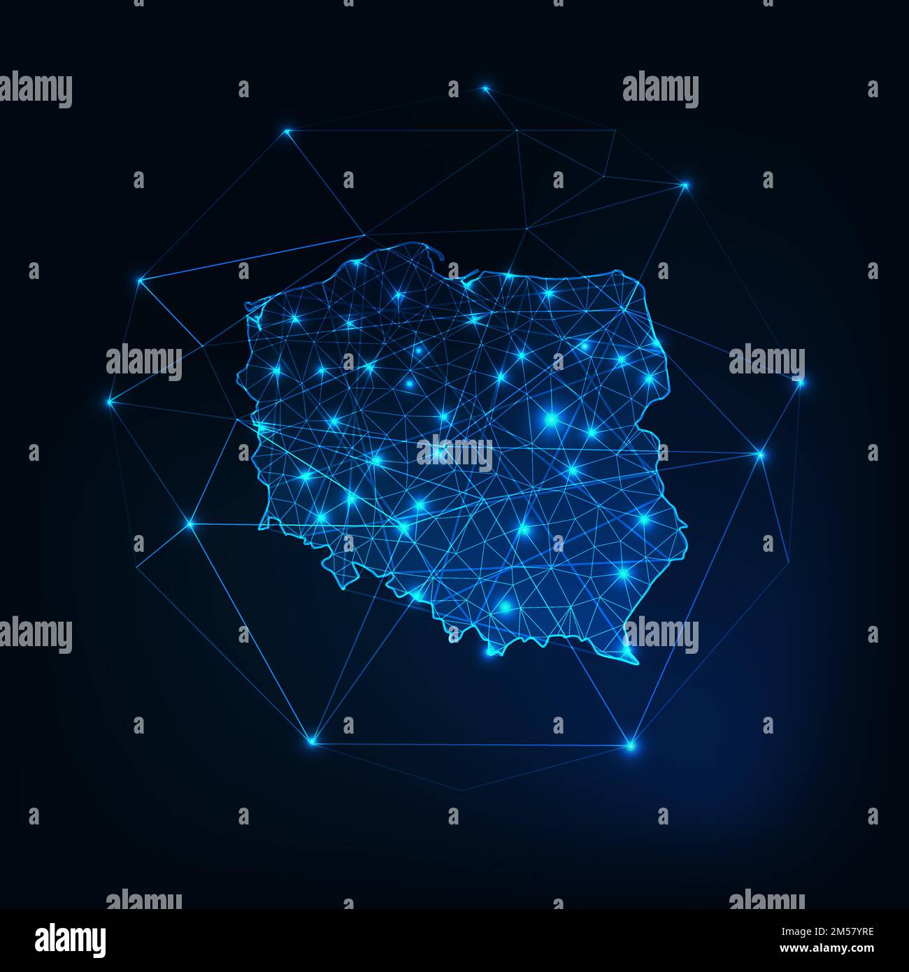 Esquema de mapa de Polonia con estrellas y líneas marco abstracto. Comunicación, concepto de conexión. Moderno futurista bajo poligonal, estructura alámbrica, líneas y d Ilustración del Vector