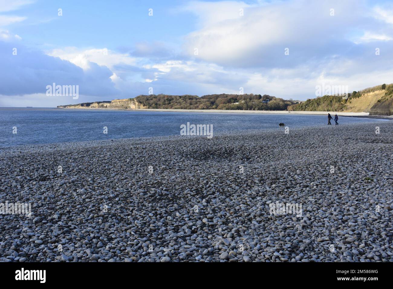 Pareja y perro caminando en la playa de Cold Knap, Barry, Gales del Sur Foto de stock