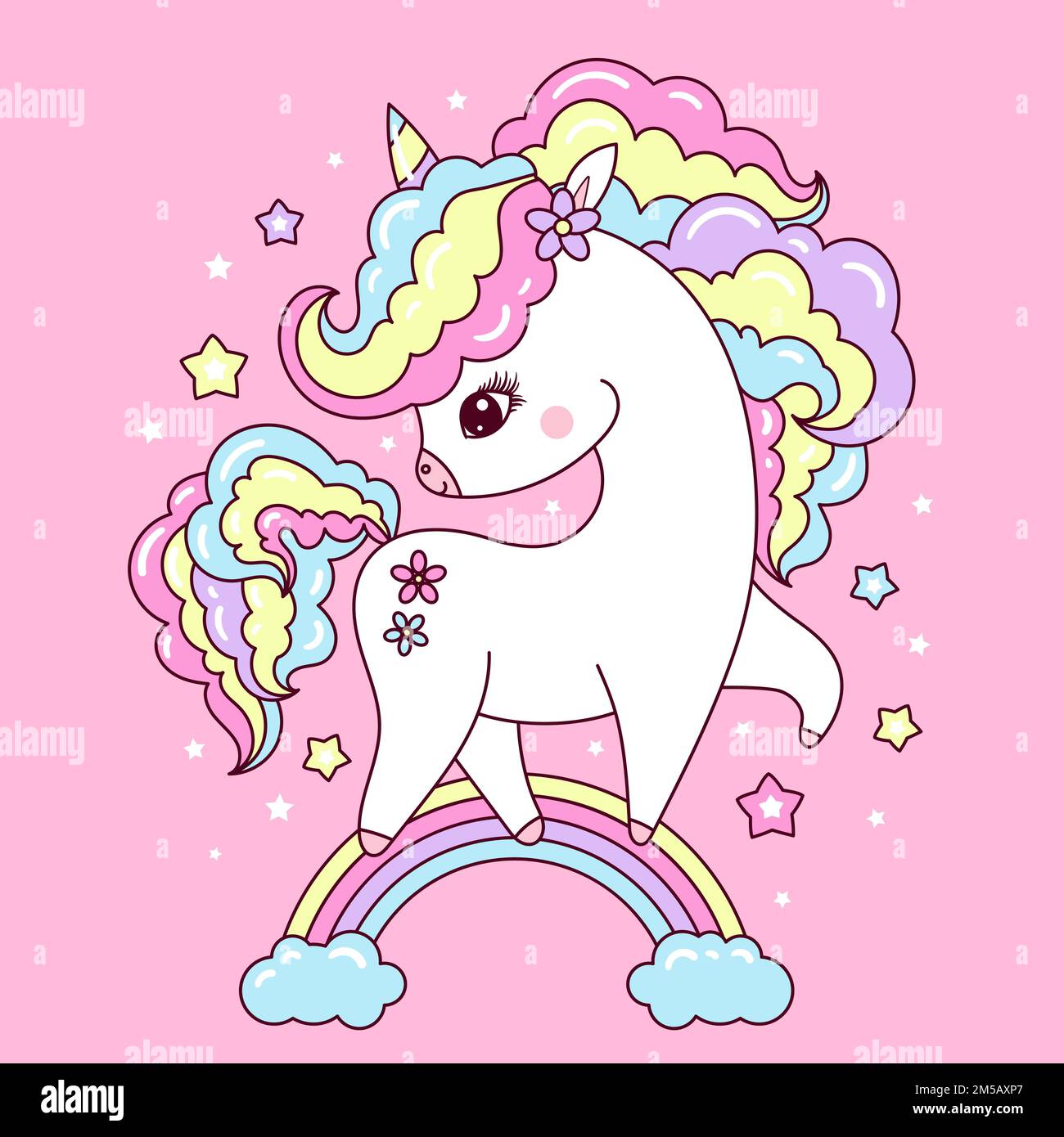 Lindos pegatinas unicornio con una ilustración del personaje de dibujos  animados de pegasus del arco iris Imagen Vector de stock - Alamy