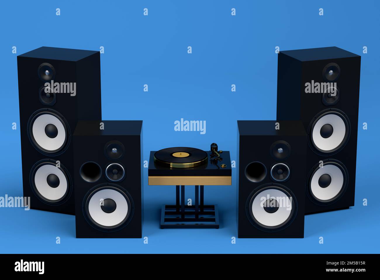 Juego de altavoces Hi-fi con altavoces y tocadiscos para DJ sobre fondo  azul. 3d renderizar equipos de audio como boombox y reproductor de discos  de vinilo para el sonido Fotografía de stock 