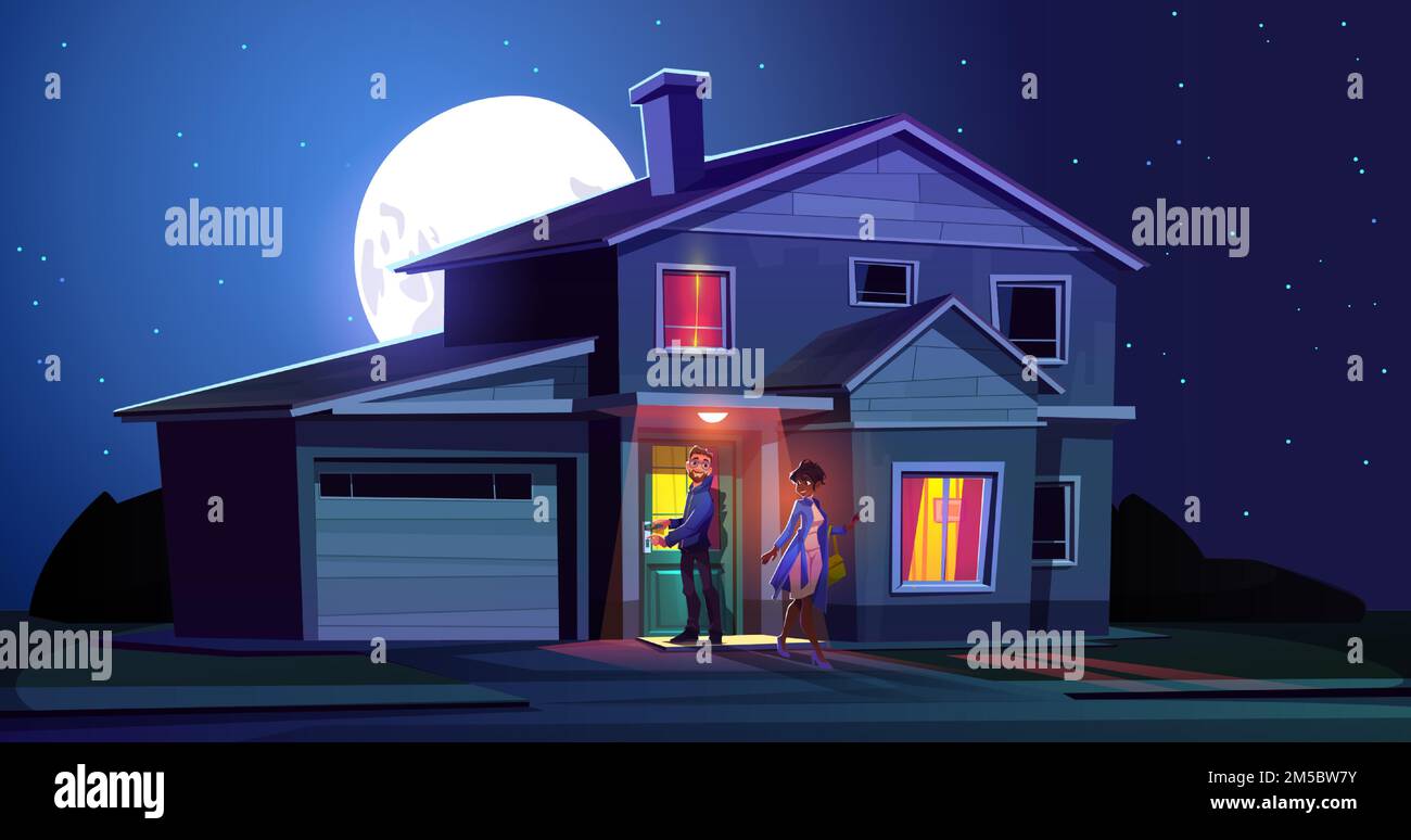 Pareja saliendo de casa por la noche. Mujer camina desde la casa y el
