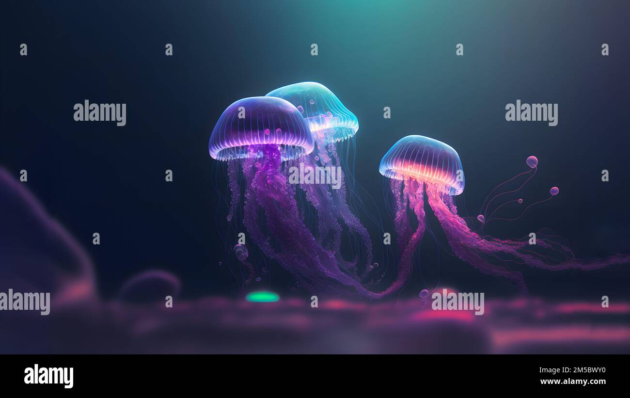 brillantes medusas de mar sobre fondo oscuro, la red neuronal generó arte  Imagen generada digitalmente. No se basa en ninguna persona, escena o  patrón real Fotografía de stock - Alamy