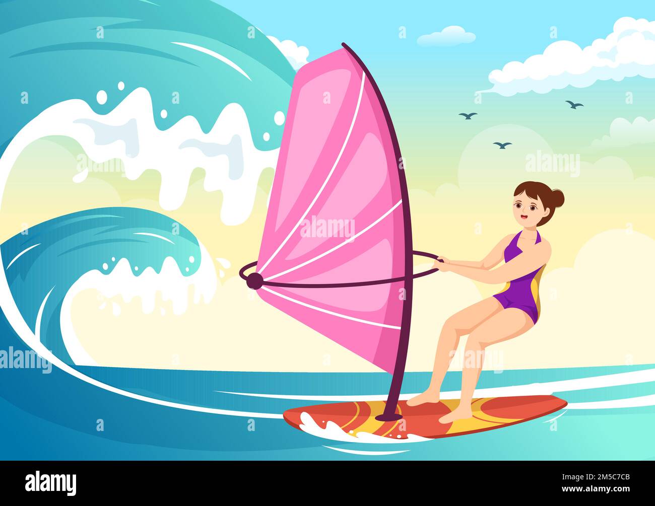 Windsurf con la persona de pie en el barco de vela y sosteniendo la vela en deportes acuáticos extremos plano de dibujos animados Dibujado a mano Plantillas Ilustración Ilustración del Vector