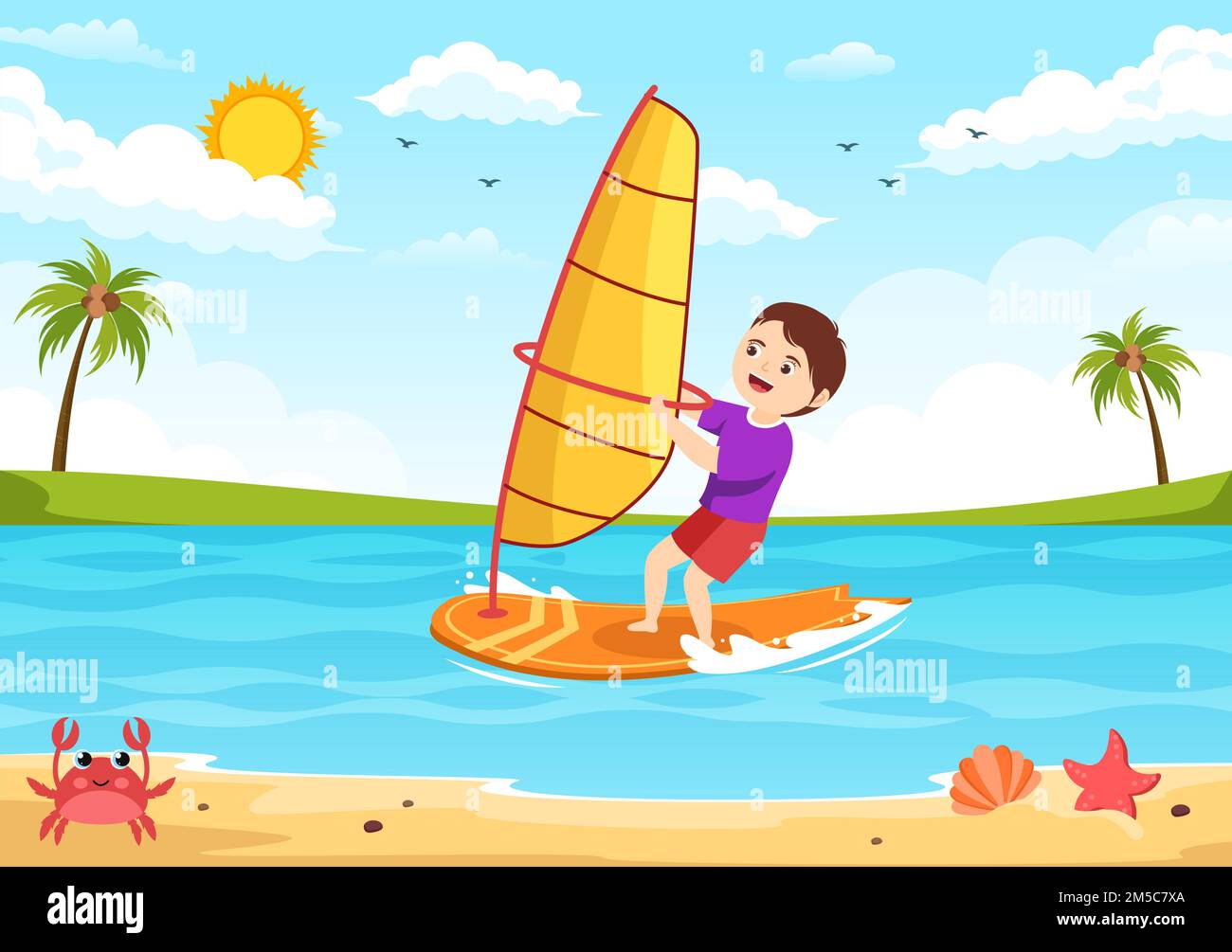 Windsurf con niños de pie en el barco de vela y sosteniendo la vela en deportes acuáticos extremos plano de dibujos animados Dibujado a mano Plantillas Ilustración Ilustración del Vector