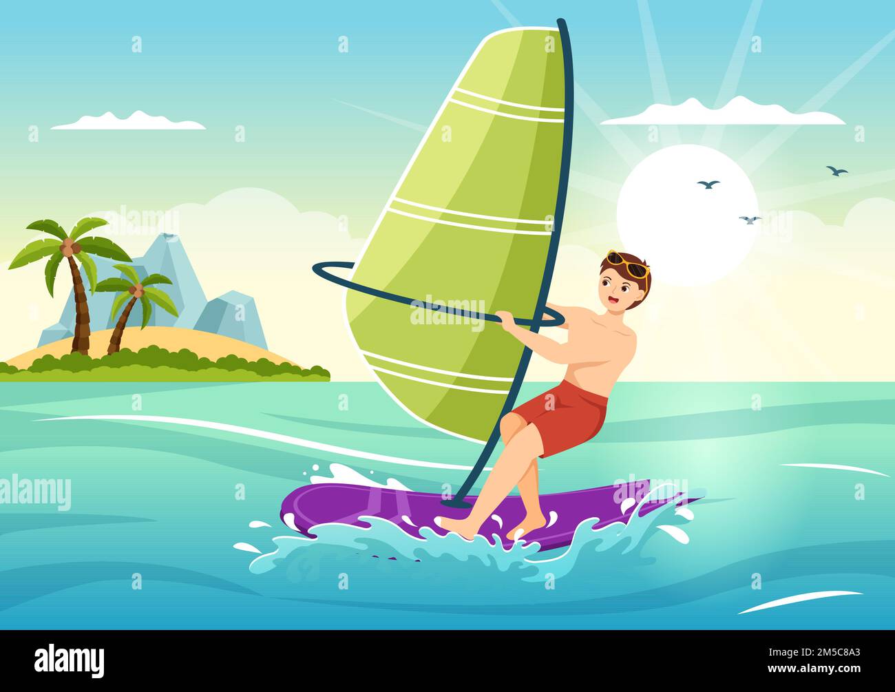 Windsurf con la persona de pie en el barco de vela y sosteniendo la vela en deportes acuáticos extremos plano de dibujos animados Dibujado a mano Plantillas Ilustración Ilustración del Vector