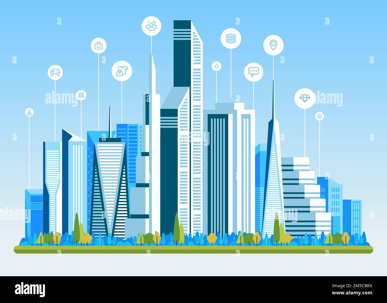 Paisaje urbano con edificios, rascacielos y tráfico de transporte. Concepto de ciudad inteligente con diferentes iconos. Ilustración vectorial. Ilustración del Vector