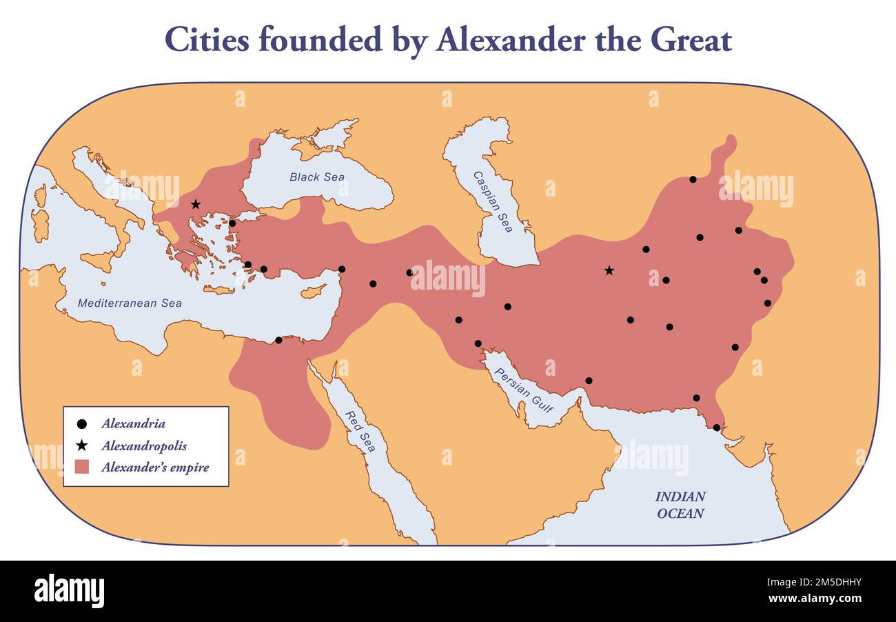 Mapa de ciudades fundadas por Alejandro Magno Foto de stock