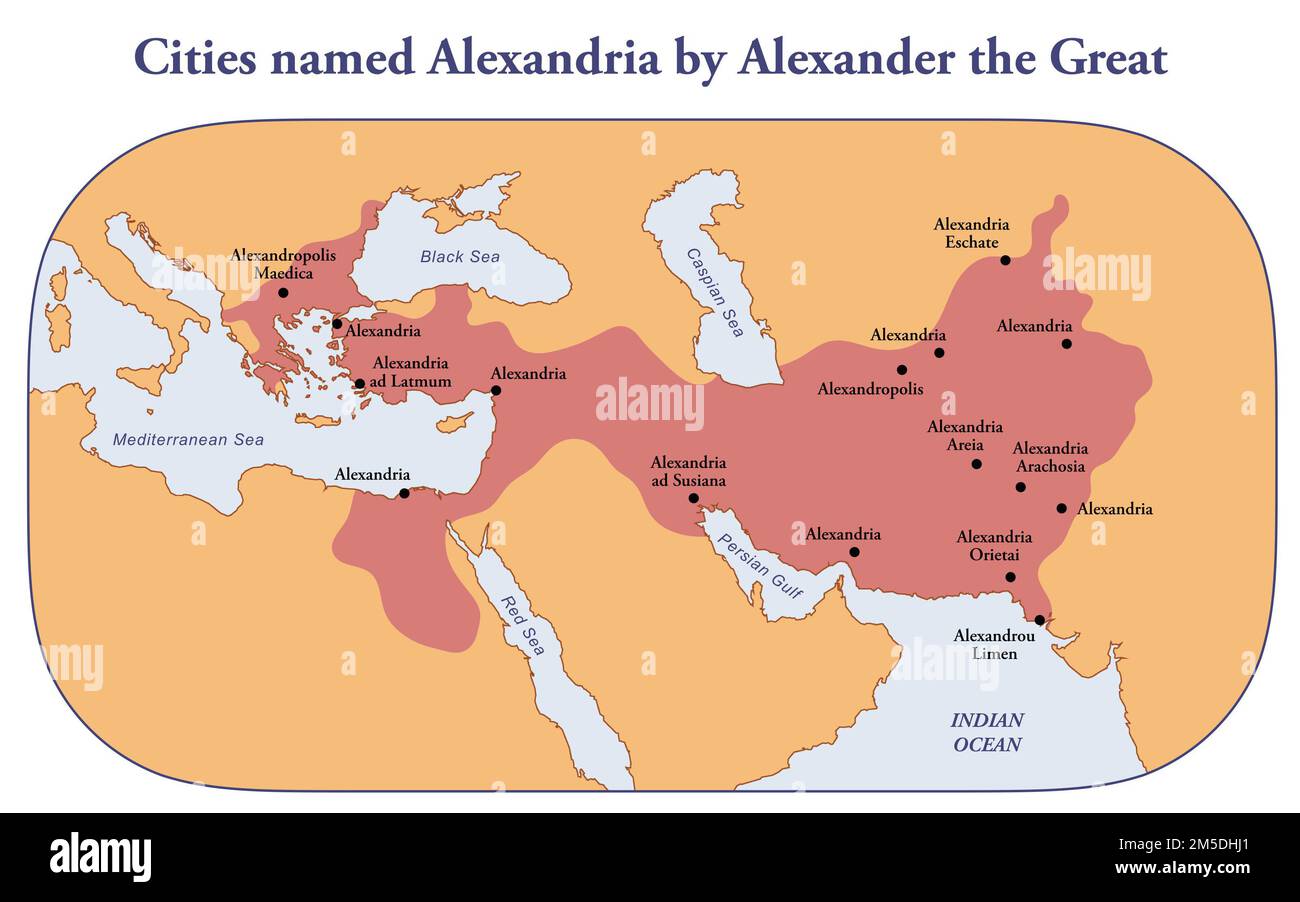 Mapa de las ciudades llamadas Alejandría por Alejandro Magno Foto de stock