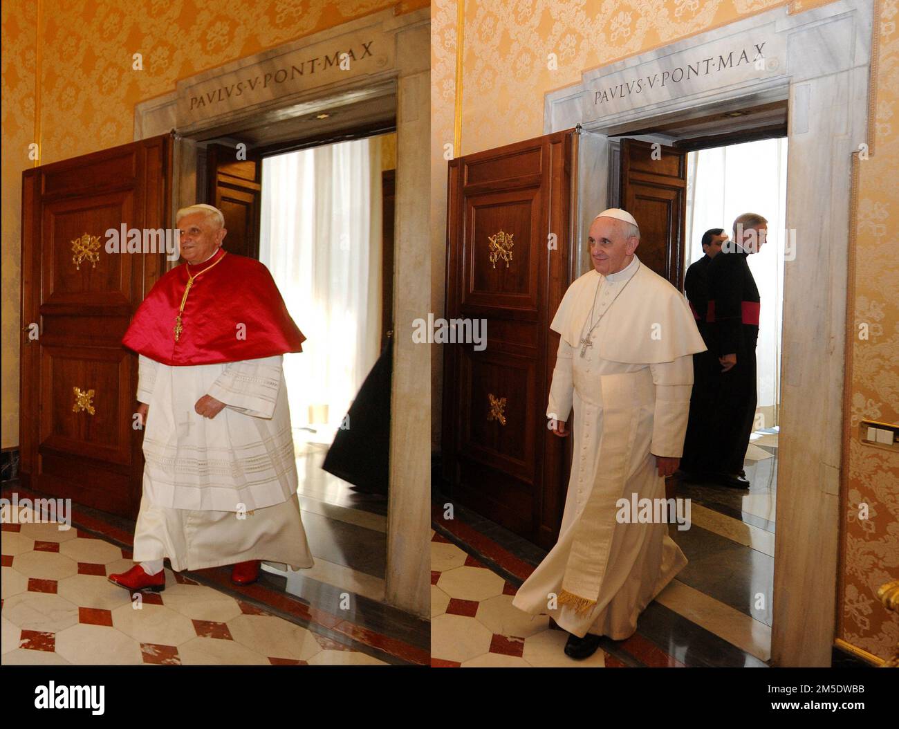 Una combinación de fotos muestra , a la izquierda , el Papa Benedicto XVI  el 6 de mayo de 2005 y el Papa Francisco el 6 de mayo de 2013 dejando la