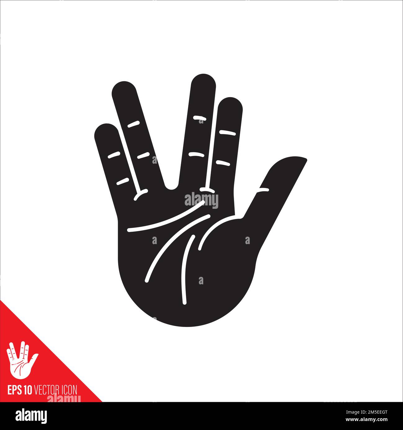 Vulcan saludo mano gesto vector glifo icono. Símbolo de apreciación de ciencia ficción. Ilustración del Vector