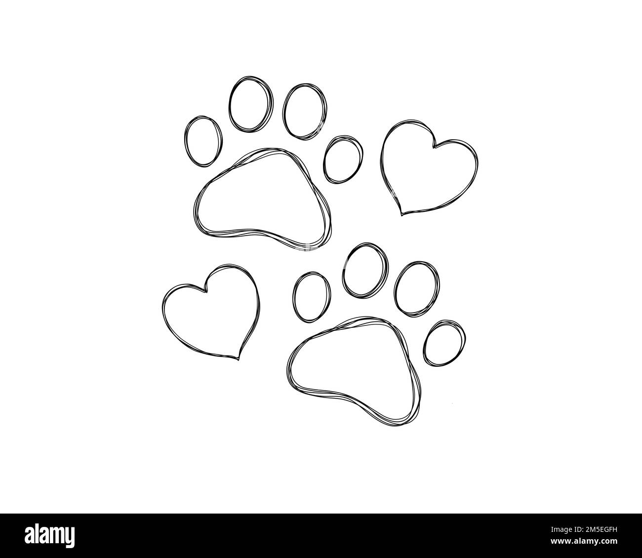 Huellas de perro línea art print. Pata de perro en el corazón - amor por una mascota . Paw doodle ilustración Foto de stock