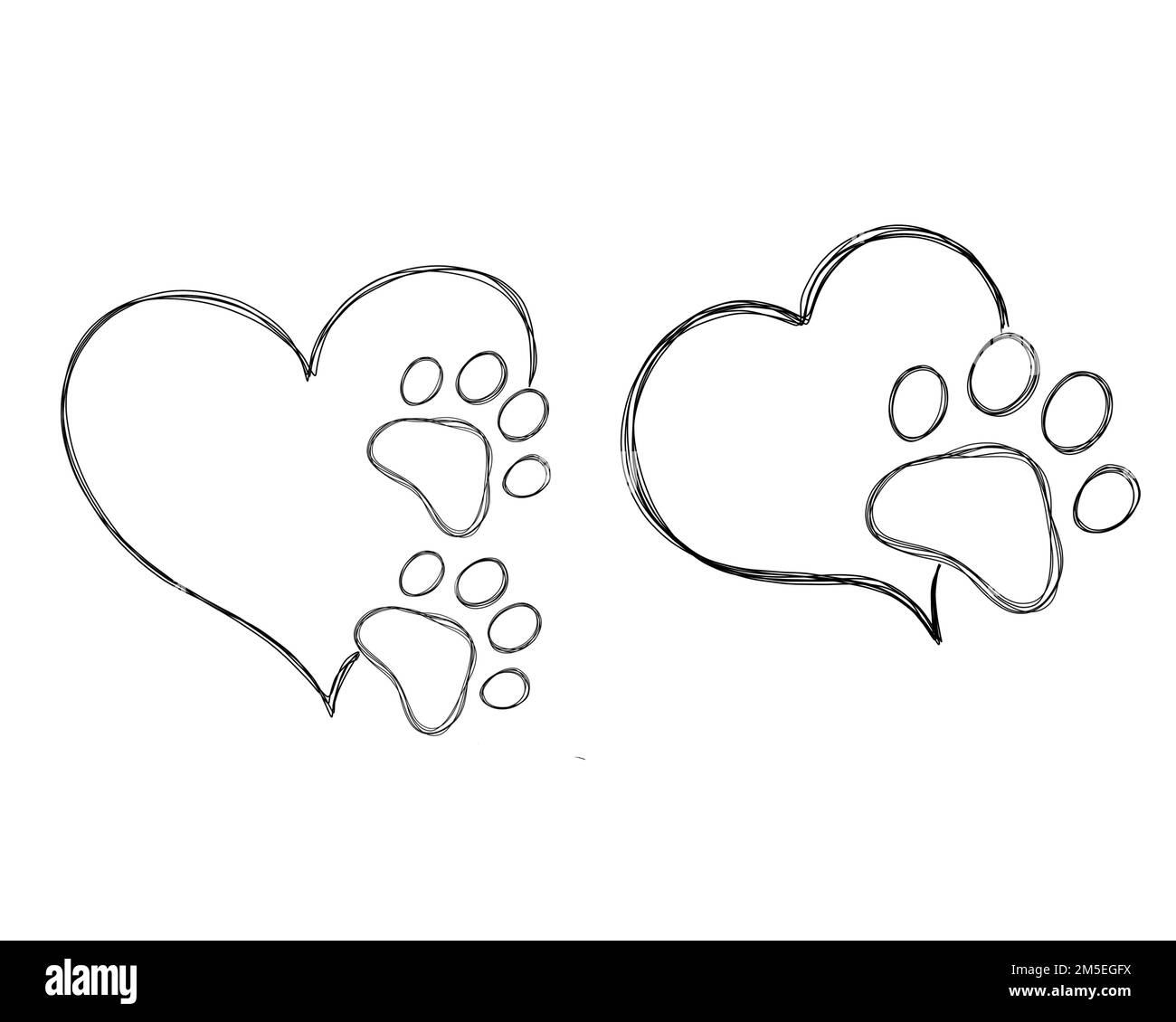 Huellas de perro línea art print. Pata de perro en el corazón - amor por una mascota . Paw doodle ilustración Foto de stock