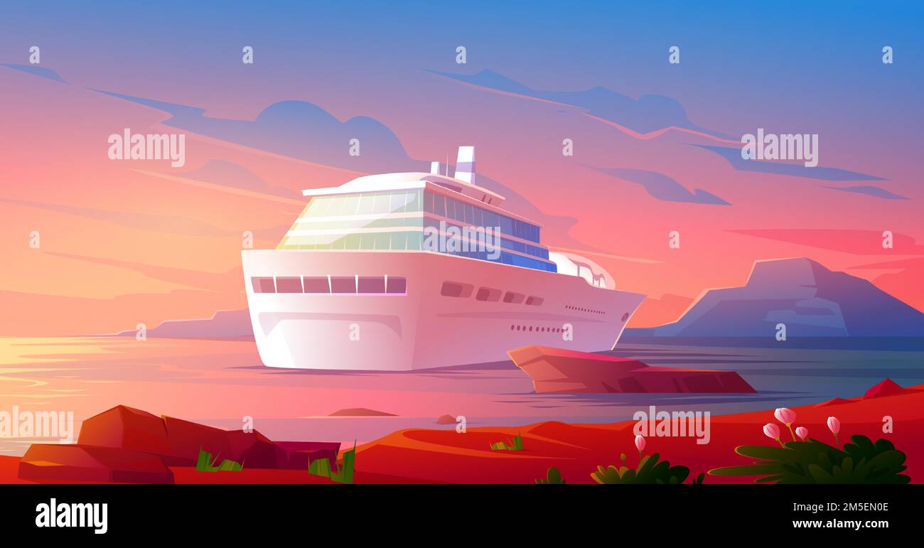 Crucero en el océano al atardecer. Vacaciones de lujo de verano en crucero. Ilustración vectorial de dibujos animados de paisaje tropical con barco de pasajeros en el puerto y el cielo de noche rosa Ilustración del Vector