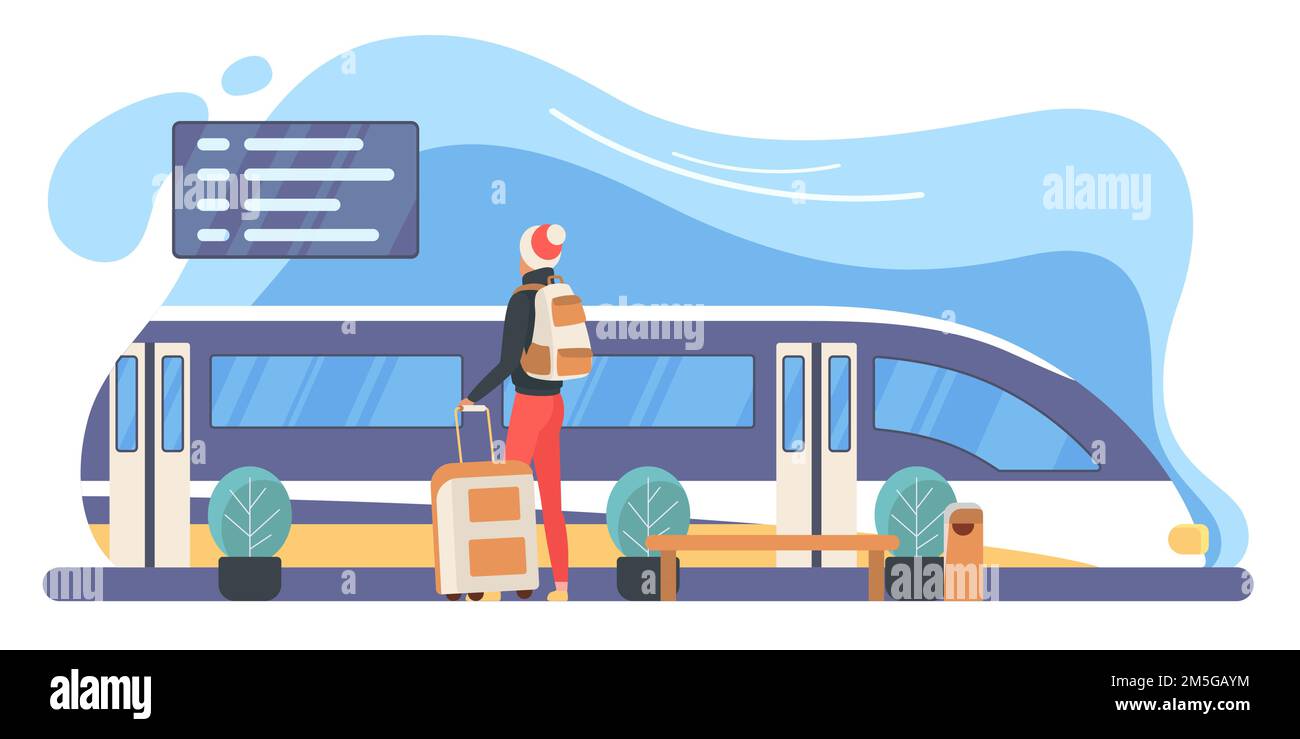 Ilustración de vector plano del viajero en la estación de tren. Turista con mochila en la plataforma cerca del tren moderno. Mochilero con maleta mirando a la salida Ilustración del Vector
