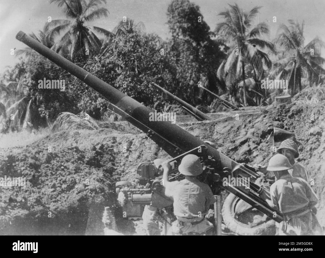 Guerra del Pacífico, 1941-1945. Las tropas japonesas manejan cañones Tipo 88 75 mm AA desde sus posiciones en las Islas Salomón, septiembre de 1943. Foto de stock