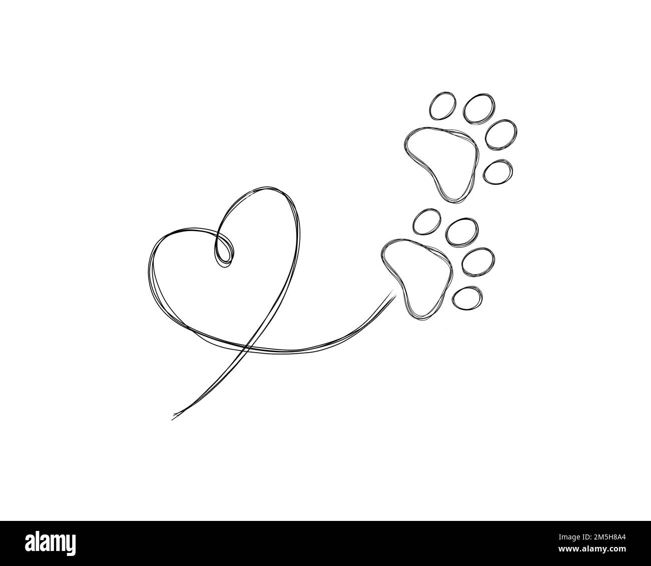 Huellas de perro línea art print. Pata de perro en el corazón - amor por una mascota . Paw doodle ilustración Foto de stock