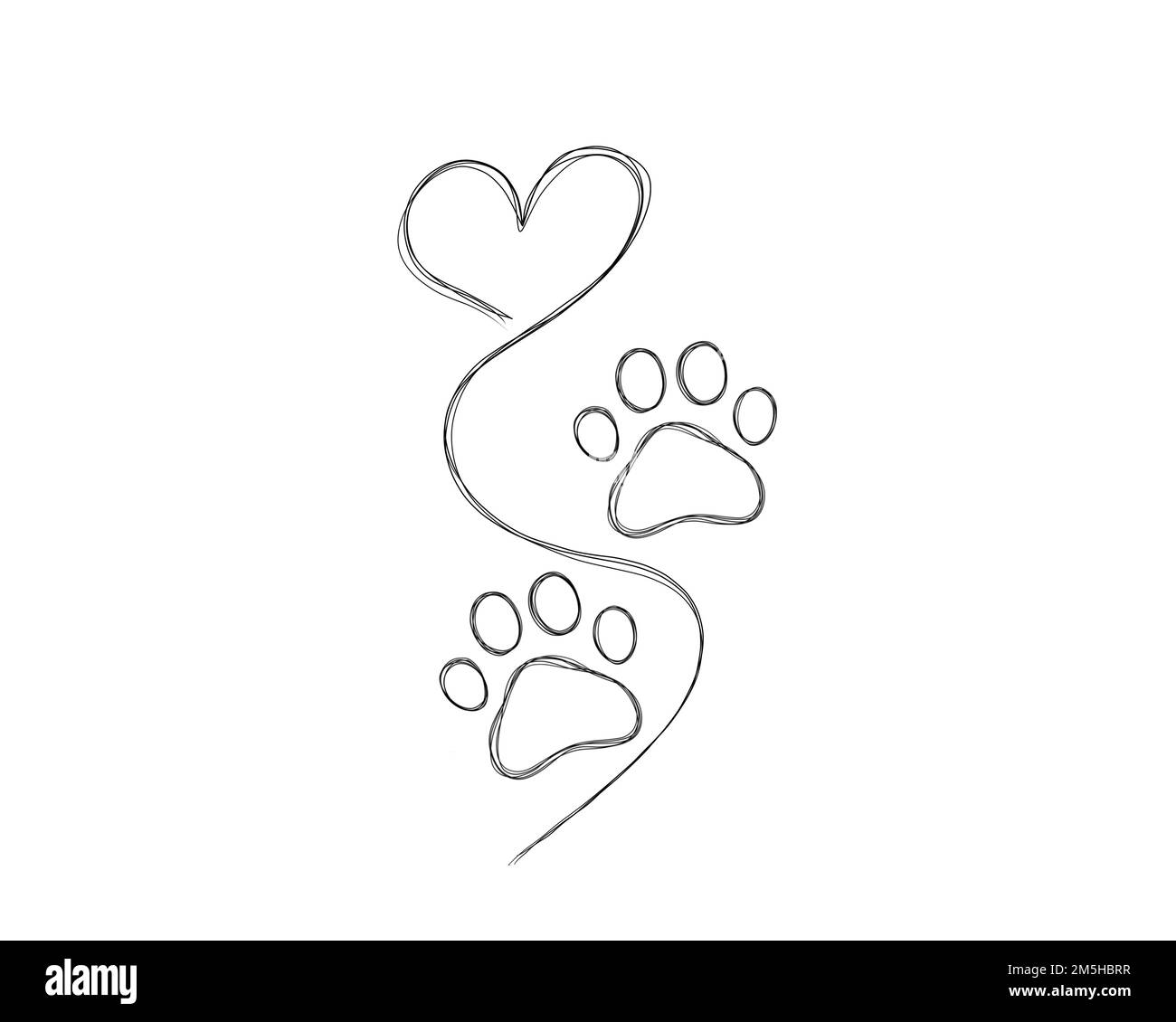 line art ilustración cuidado de mascotas, huella de perro. Perro pata tatuaje idea, huella de perro Foto de stock