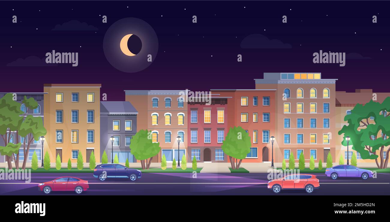 Paisaje urbano ciudad Nueva York edificios, vista panorámica de la fachada clásica casas de ladrillo por la noche Ilustración del Vector