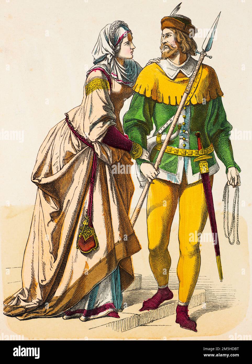 Trajes históricos del siglo 14th, ilustración histórica, Münchener Bilderbogen, München 1890 Foto de stock