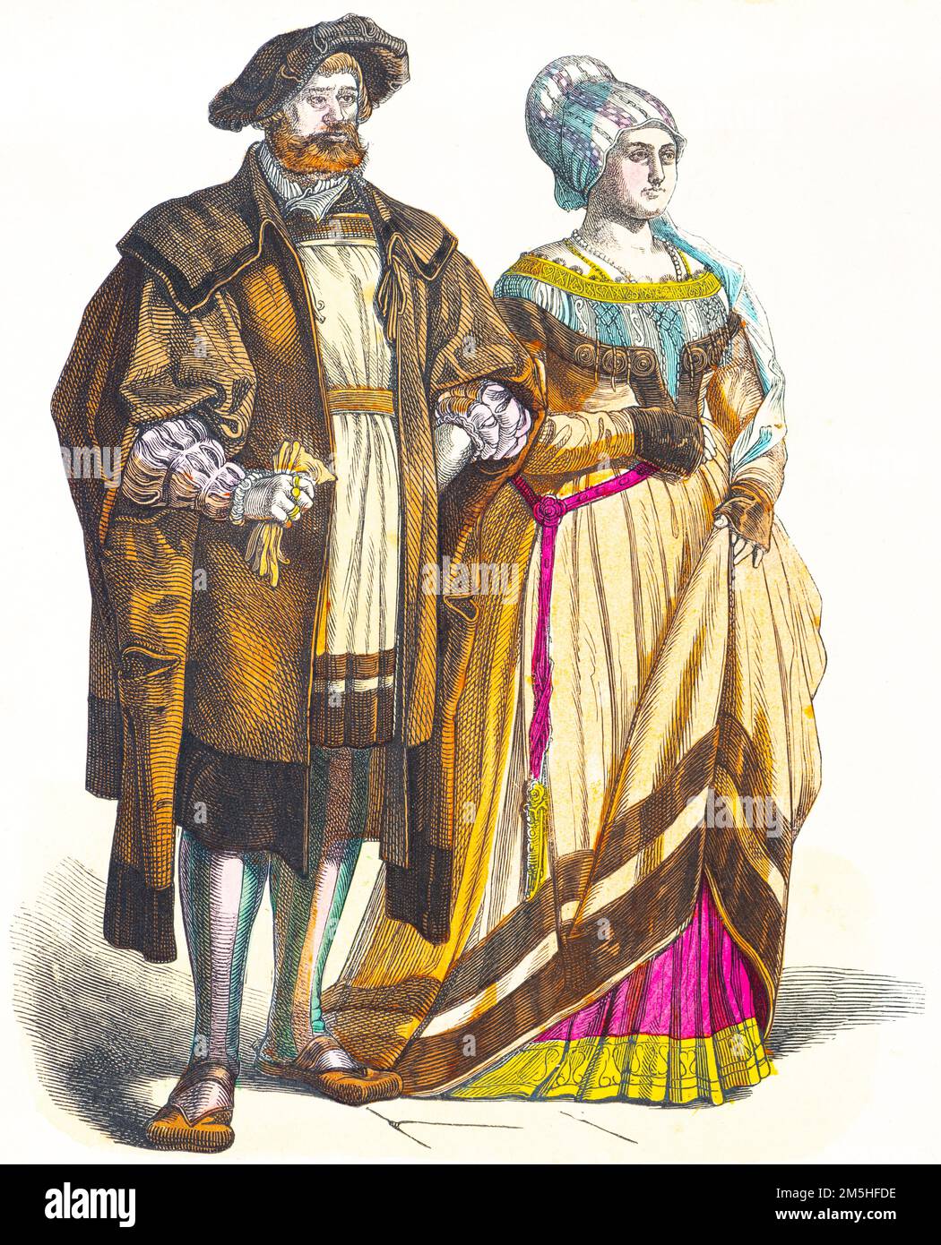 Trajes elegantes, principios del siglo 16th, ilustración historiscc coloreada,, Münchener Bilderbogen 1890 Foto de stock