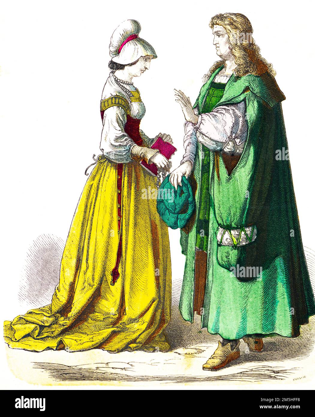 Trajes elegantes, principios del siglo 16th, ilustración historiscc coloreada,, Münchener Bilderbogen 1890 Foto de stock