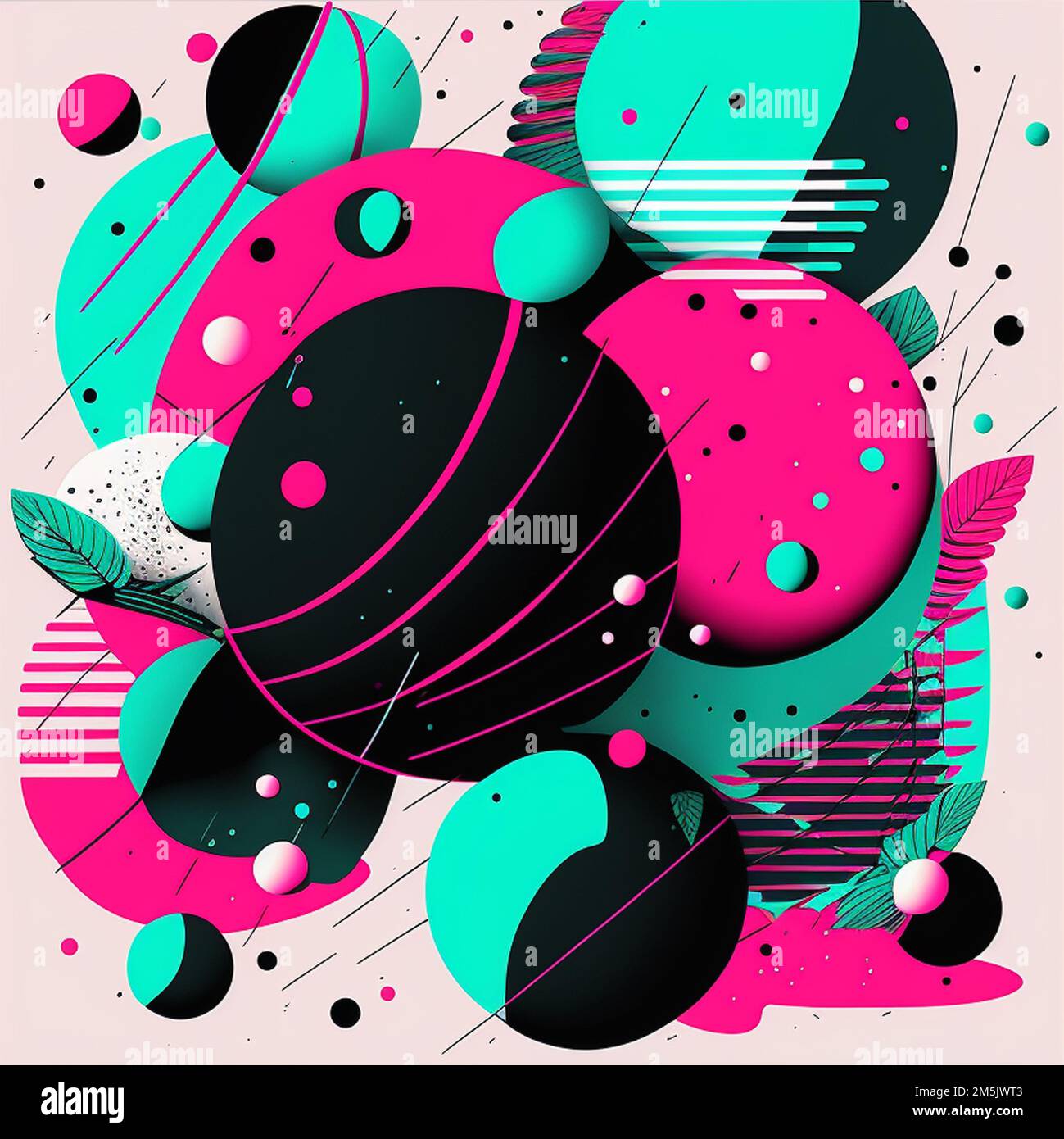 Diseño cósmico moderno futurista abstracto en estilo de dibujos animados.  Ilustración generada digital en colores rosa brillante, verde azulado,  negro Fotografía de stock - Alamy