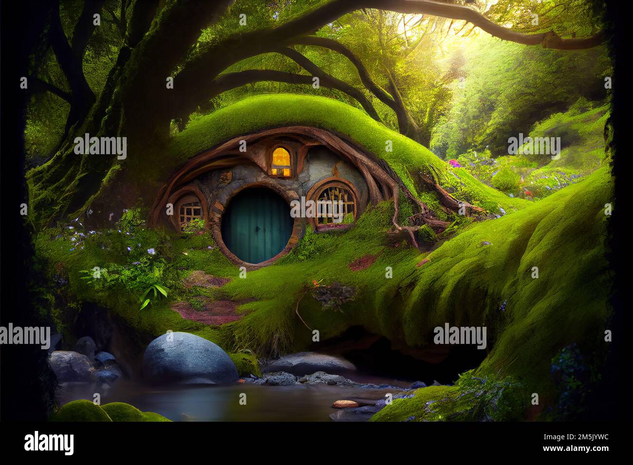 Casa Hobbit en el bosque de fantasía. Casa de cuento de hadas cubierta de hierba verde en madera mágica. Paisaje con habitación de cuento de hadas y árboles en suma Foto de stock