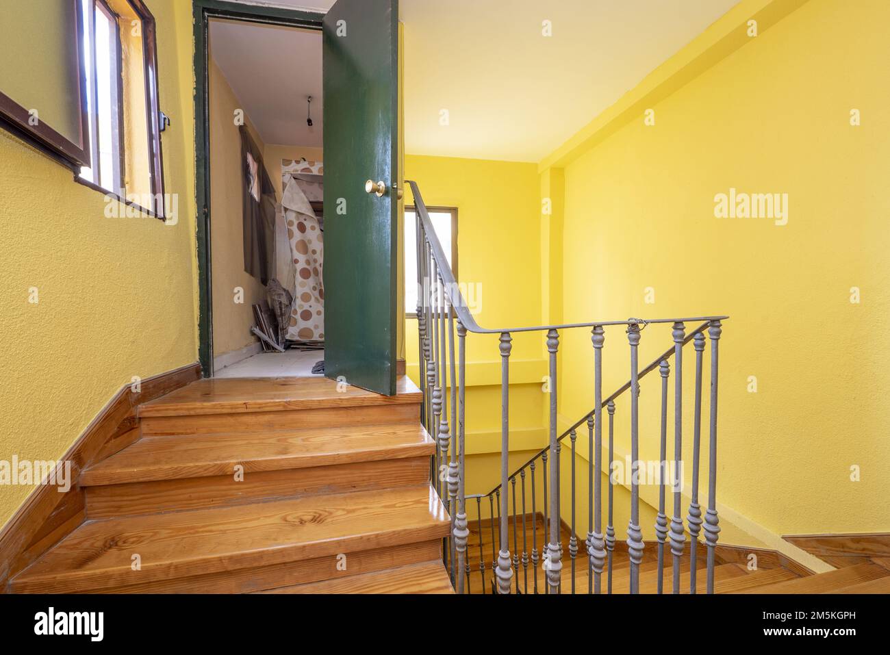 Casa vintage con una escalera con escalones de madera, una barandilla de  hierro forjado de metal y un pequeño trastero con una puerta verde  Fotografía de stock - Alamy