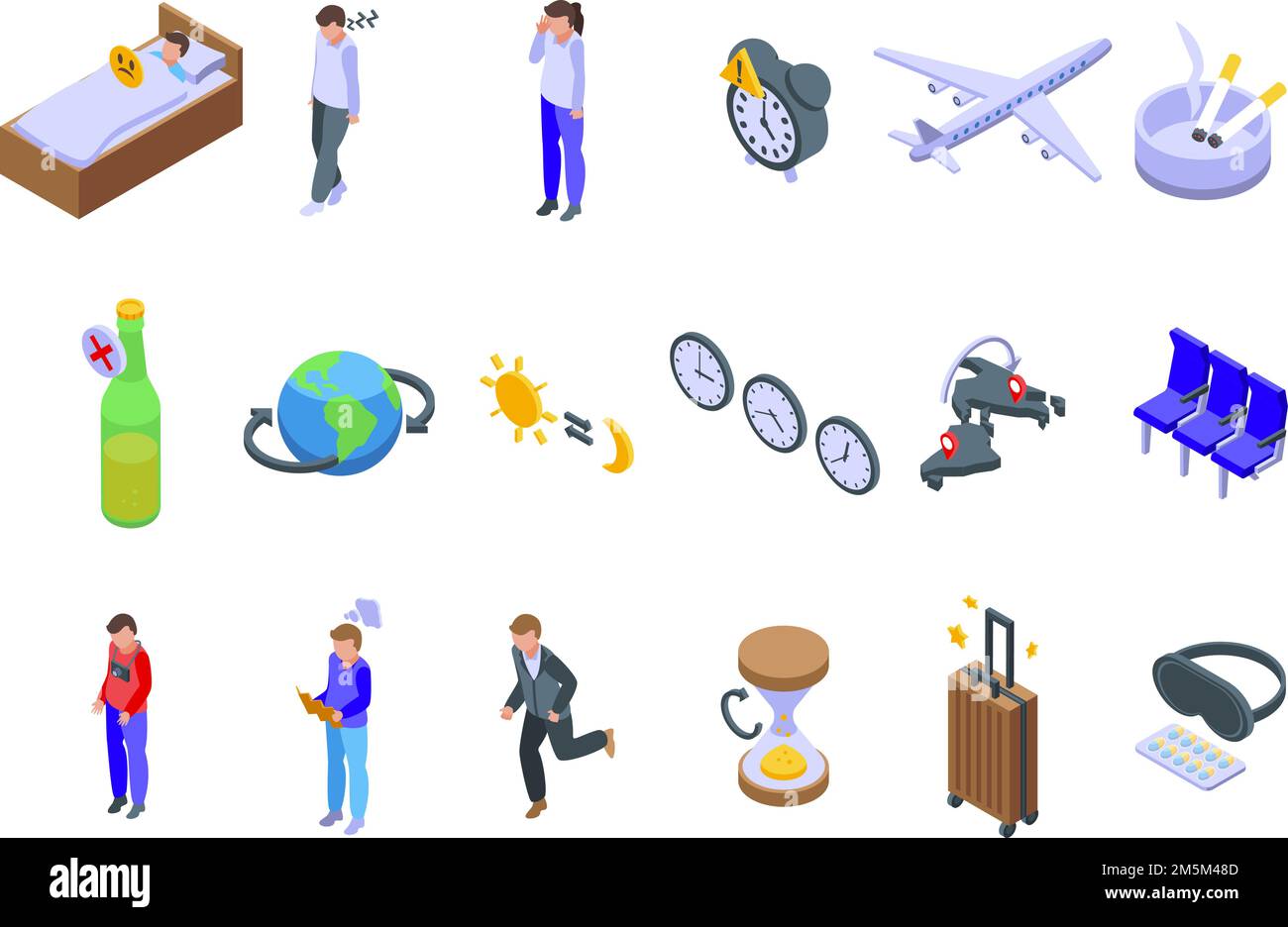 Conjunto de iconos de jet lag. Conjunto isométrico de iconos de