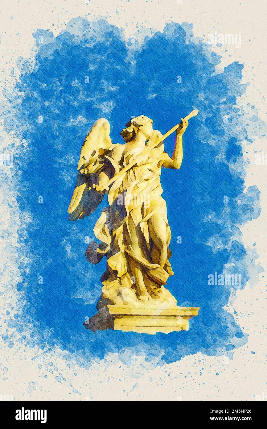 Acuarela de una estatua de ángel santo con alas sosteniendo una lanza de guerra. Foto de stock