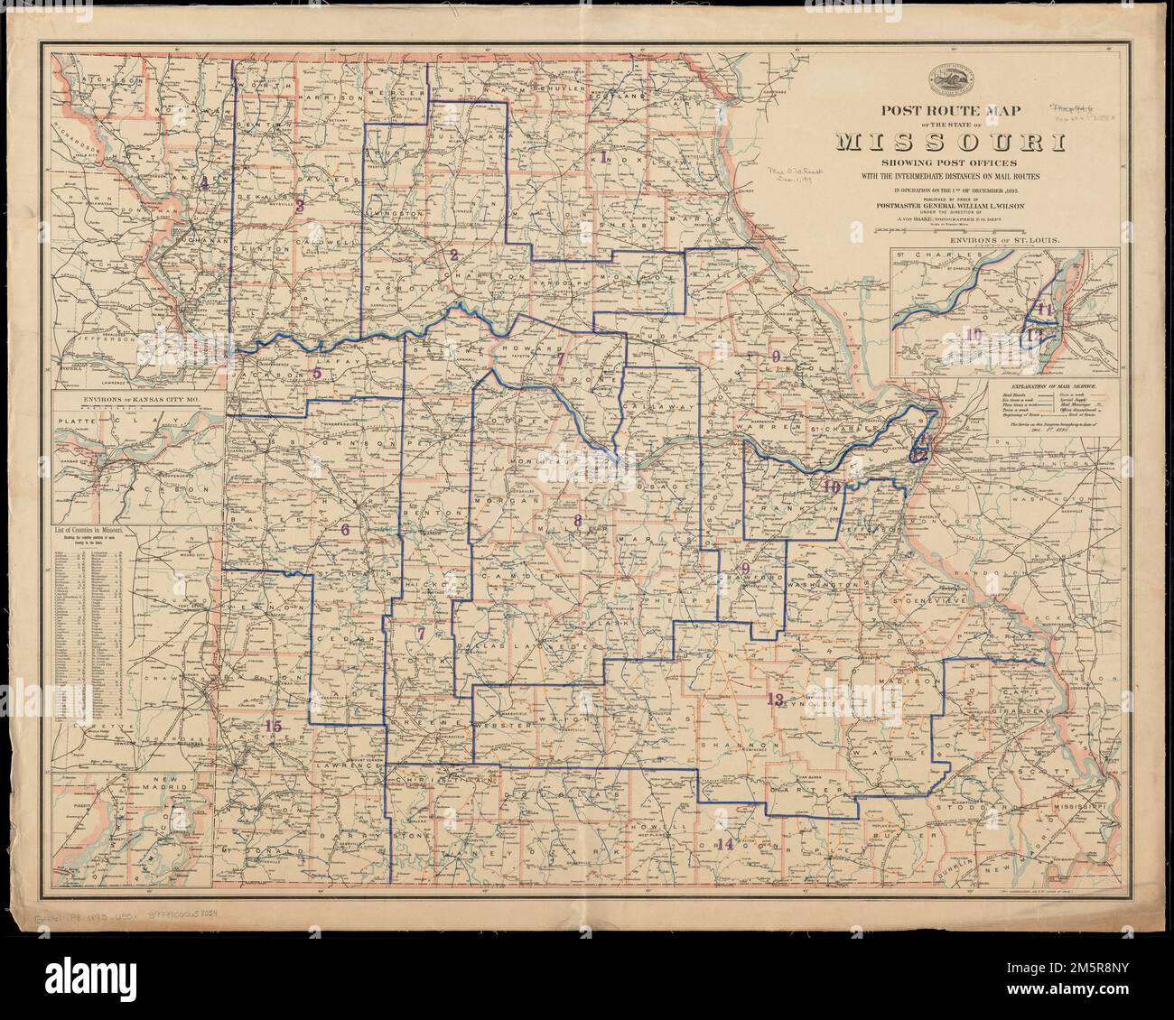 Mapa de ruta postal del estado de Missouri que muestra las oficinas de  correos con las distancias intermedias en las rutas de correo en  funcionamiento en el 1st. De diciembre de 1895.