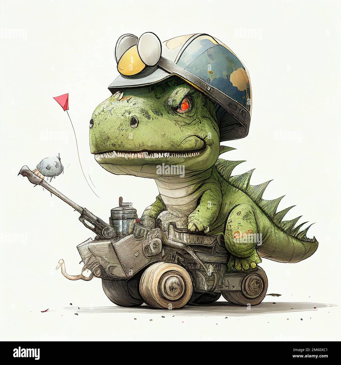 Una ilustración generada por la IA de dinosaurio verde en el tanque con un  casco en la cabeza sobre un fondo blanco Fotografía de stock - Alamy