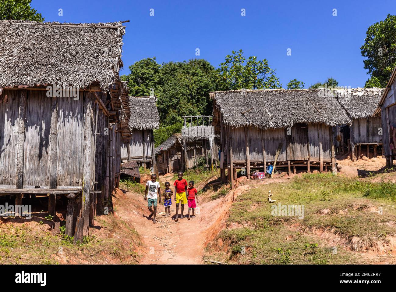 Niños que regresan a casa después de la escuela en el pueblo tradicional de Ampahantany, Madagascar, África Foto de stock