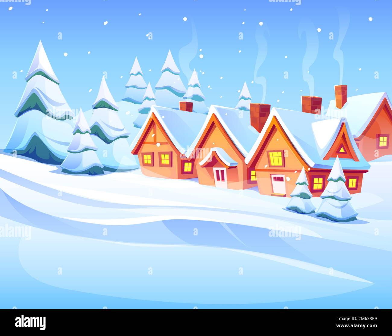 Paisaje de invierno con nieve, casas y bosque. Escena de la naturaleza del campo con casas de campo con chimenea y humo, abetos y nevadas, ilustración vectorial de dibujos animados Imagen Vector Paisaje de invierno con nieve, casas y bosque. Escena de la naturaleza del campo con casas de campo con chimenea y humo, abetos y nevadas, ilustración vectorial de dibujos animados Imagen Vector