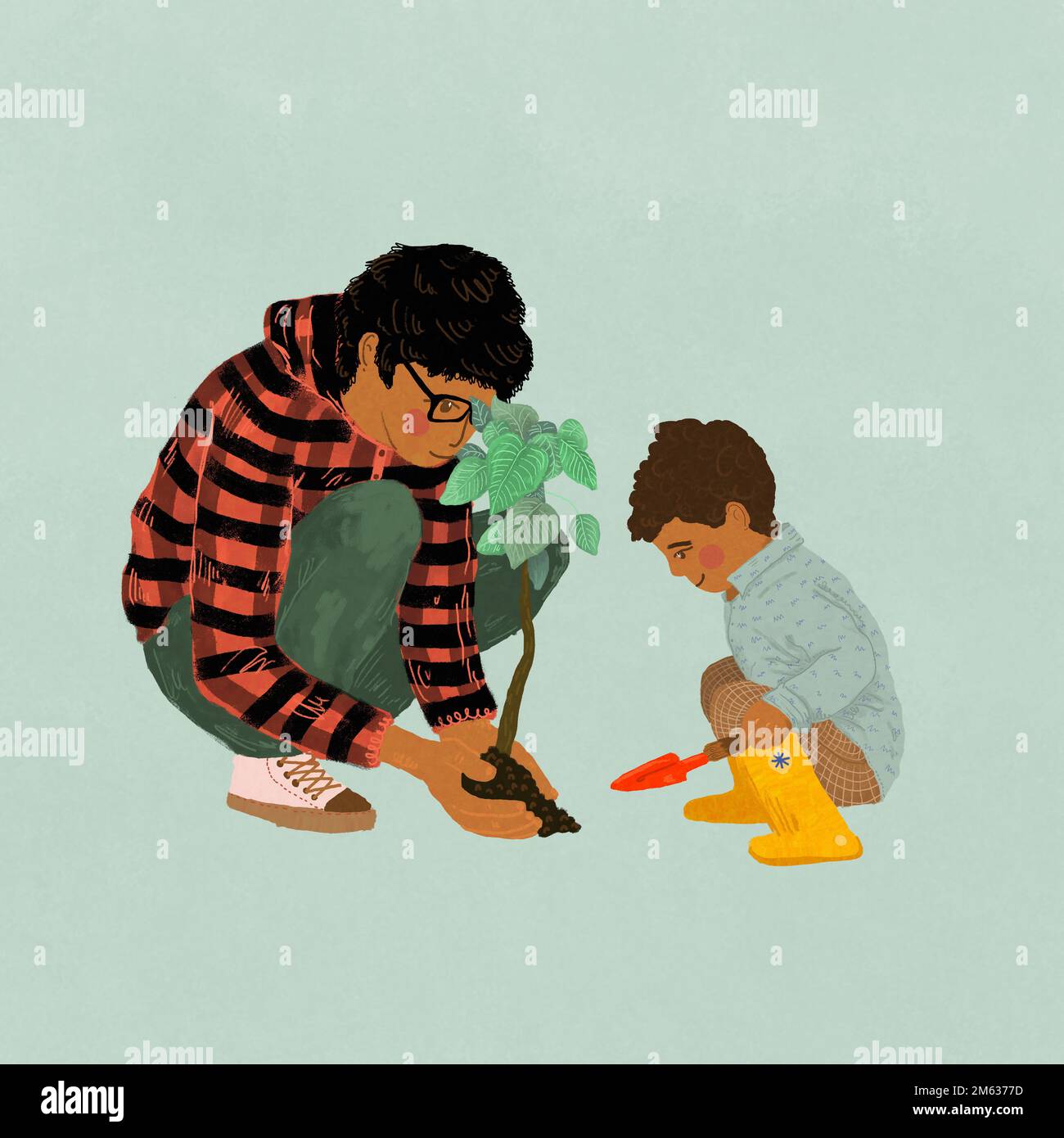 Ilustración vectorial creativa de hombre joven en ropa casual y anteojos con pequeño hijo lindo plantando árbol sobre fondo azul Foto de stock