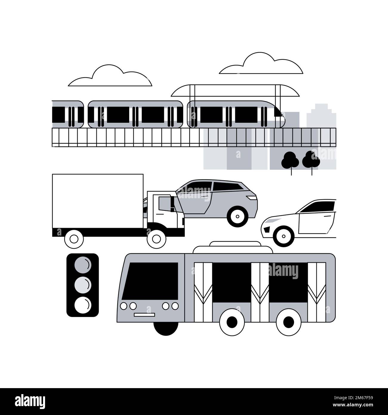 Transporte urbano concepto abstracto ilustración vectorial. Sistema de transporte público, carreteras urbanas concurridas, tráfico de automóviles, plataforma de la estación de metro, parada de autobús, pe Ilustración del Vector