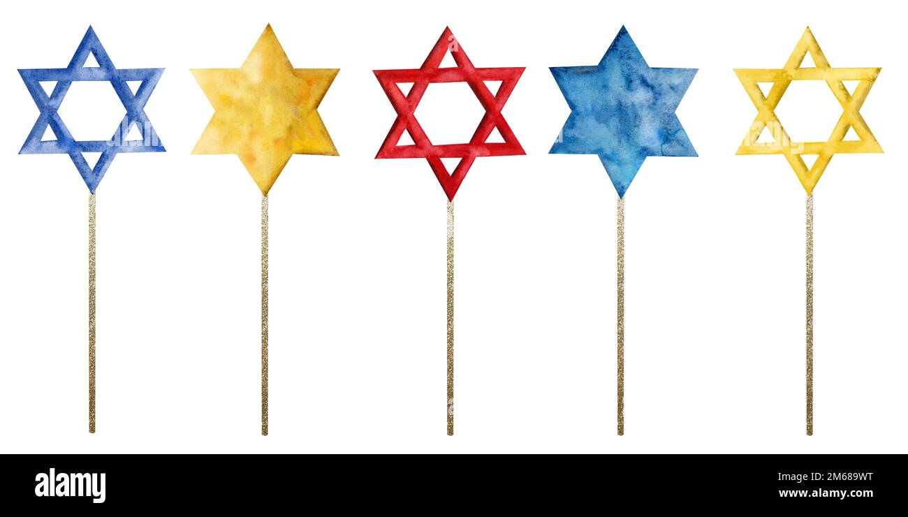 Conjunto de estrellas de acuarela de David en palos de oro, varitas mágicas judías, dibujado a mano judaísmo ilustración en colores azul, amarillo, rojo Foto de stock