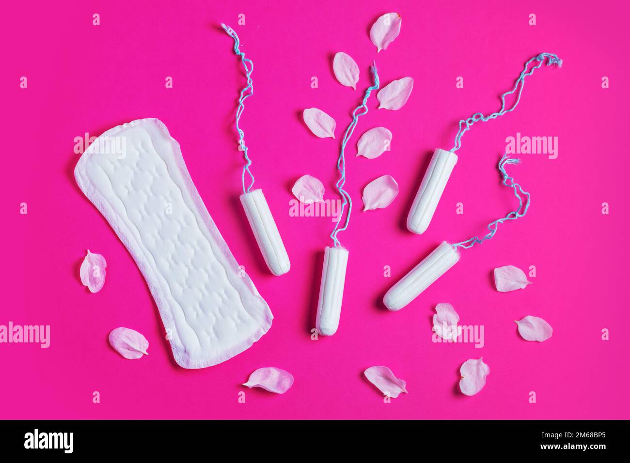 Tampones femeninos con pétalos de cereza y junta de mujer sobre un fondo  rosa. Tampón blanco higiénico para mujeres. Hisopo de algodón.  Menstruación, tampones en a Fotografía de stock - Alamy