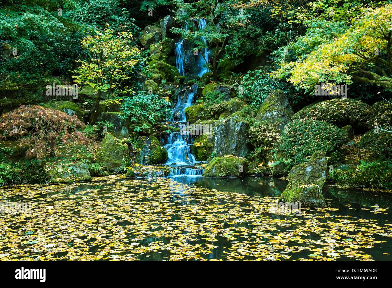 Cascada en Portland Japanese Garden en Oregon Foto de stock