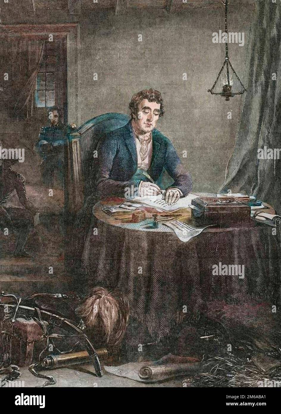 Duque de Wellington (Arthur Wellesley (1769-1852) duc de Wellington) despacho de escritura después de Waterloo, junio de 19 1815 - grabado 1852 Foto de stock