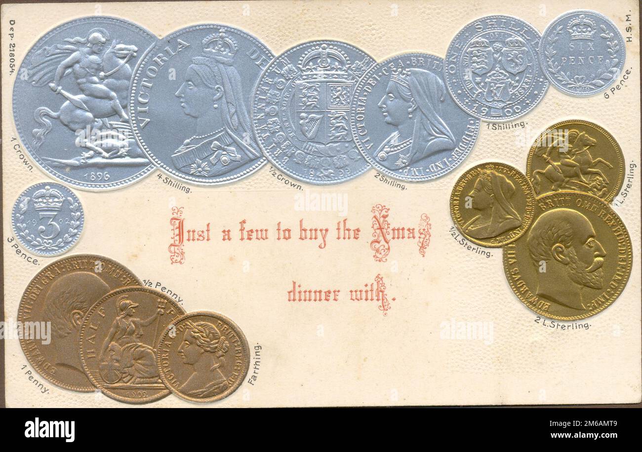 Tarjeta postal en relieve cromolitlhografiada que muestra la moneda del Reino Unido enviada como un divertido saludo navideño alrededor de 1902 Foto de stock