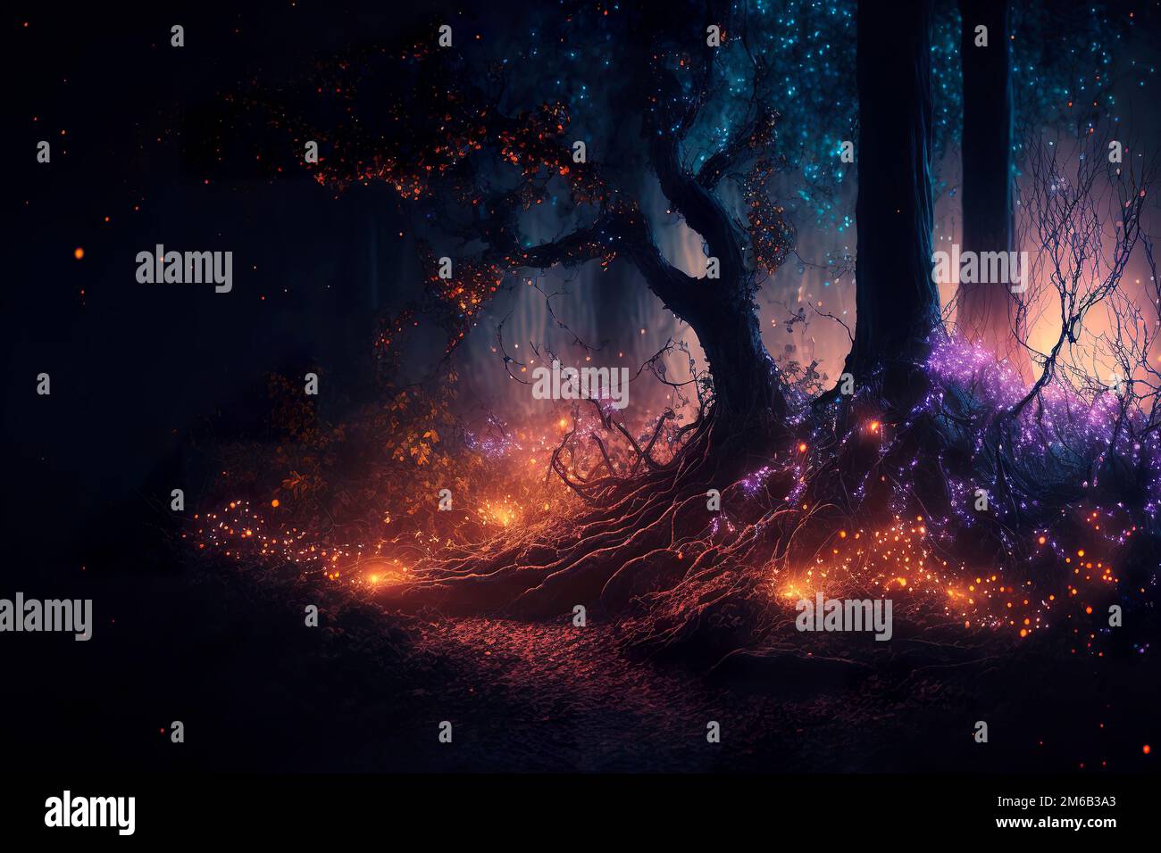 Bosque de fantasía mágica de la noche. Paisaje forestal, IA generativa Foto de stock