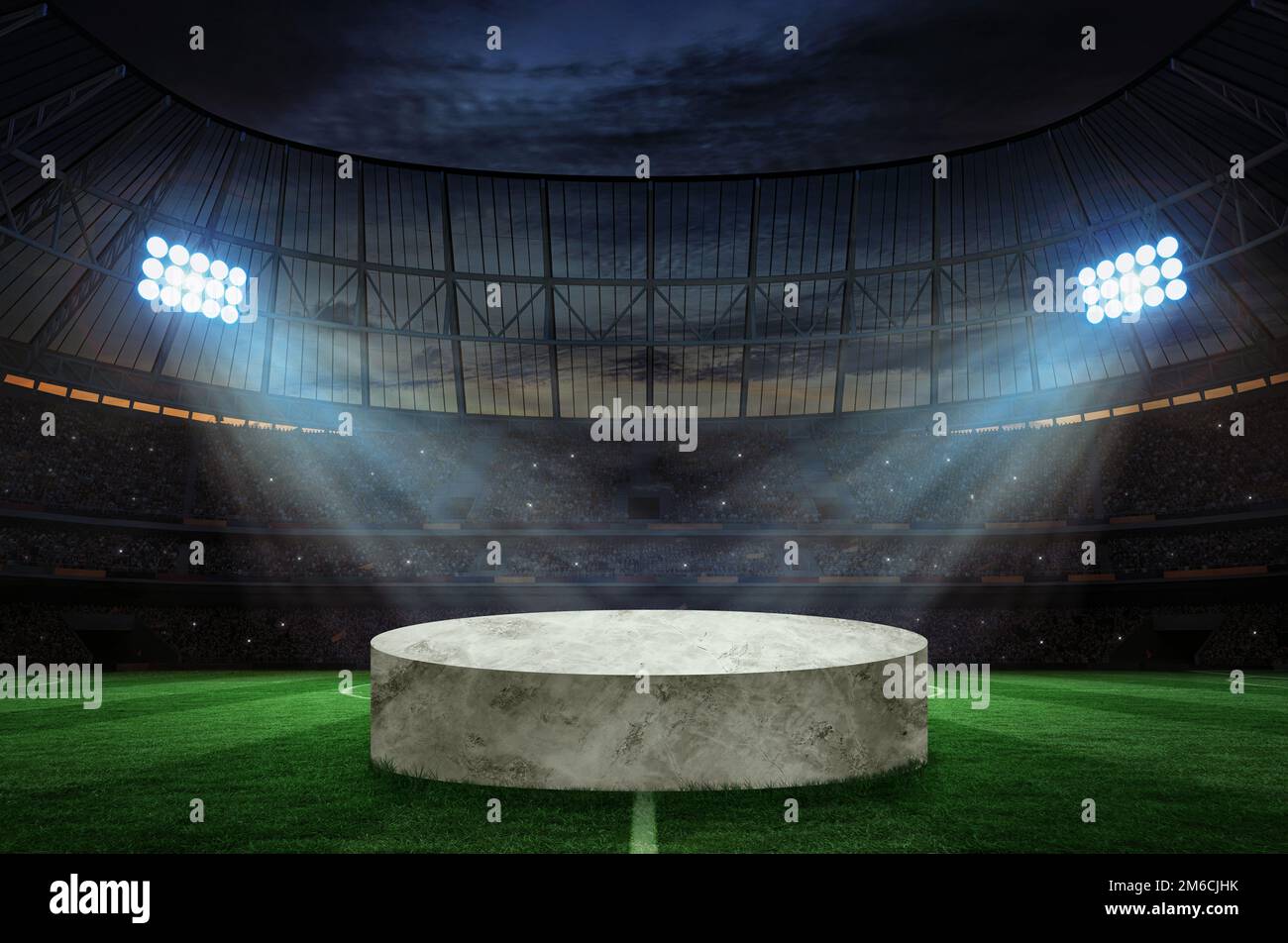 Concepto de deporte fondo - estadio de fútbol con focos. Campo de fútbol de  hierba con Marca y gol de fútbol con red Fotografía de stock - Alamy