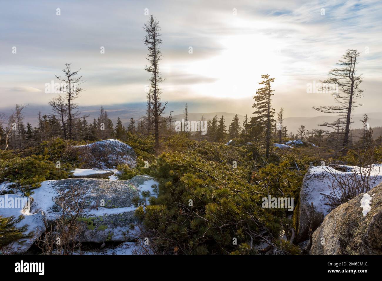 La naturaleza prístina de la reserva de Zeya. Puesta de sol en la cresta Tukuringra. Hermosa puesta de sol de invierno en la cima de la montaña. Foto de stock