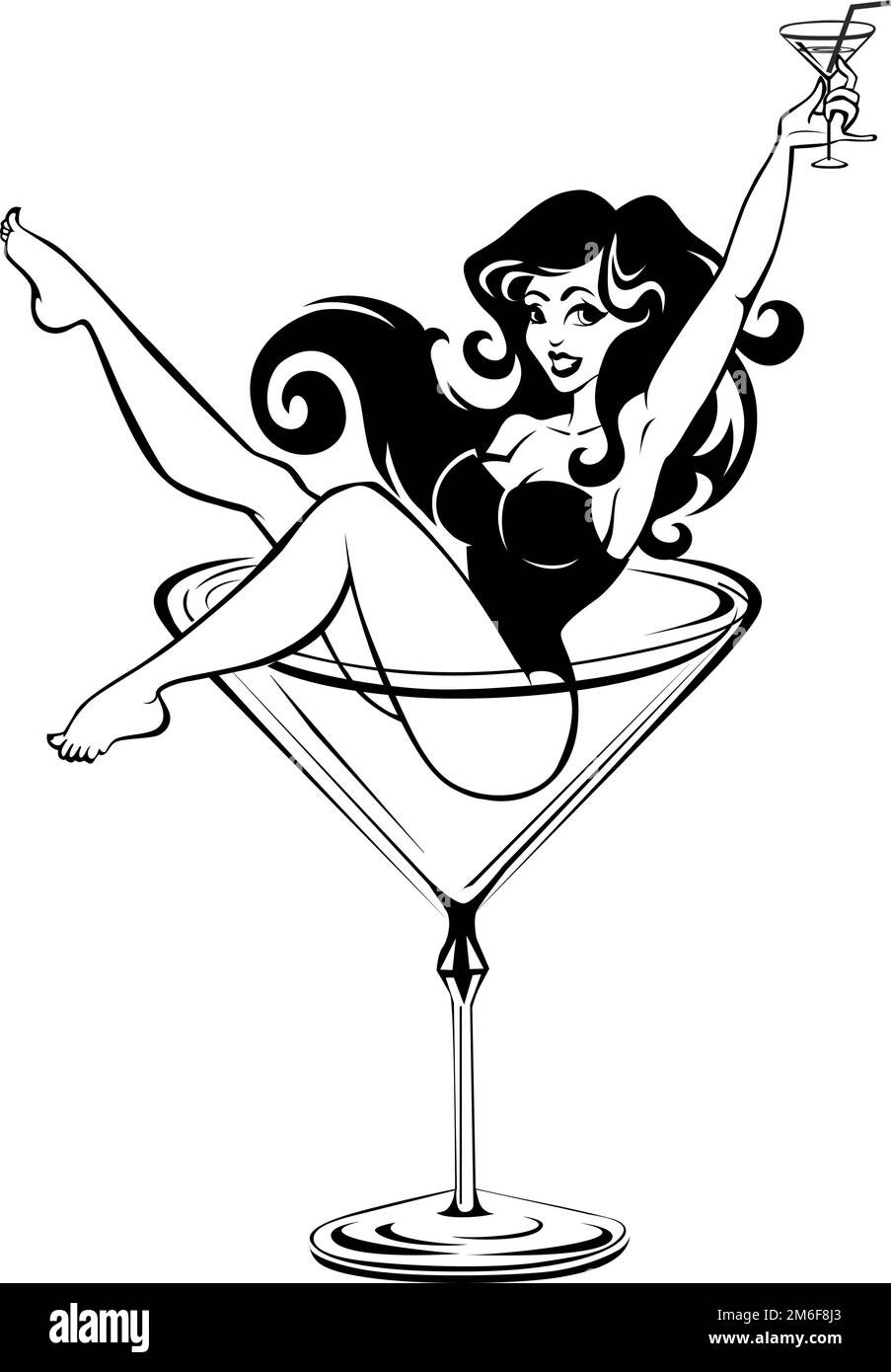 Chica de belleza cómica sentada en vaso de cóctel alto y sosteniendo el vidrio en su mano levantada. Ñartoon vector sobre fondo transparente Ilustración del Vector