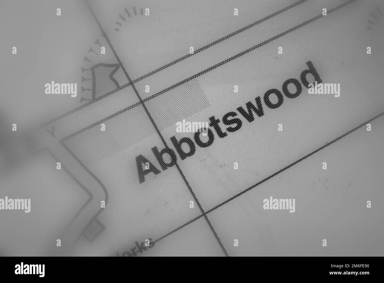 Abbotswood village, Hampshire, Reino Unido atlas mapa nombre de la ciudad - blanco y negro tilt-shift Foto de stock