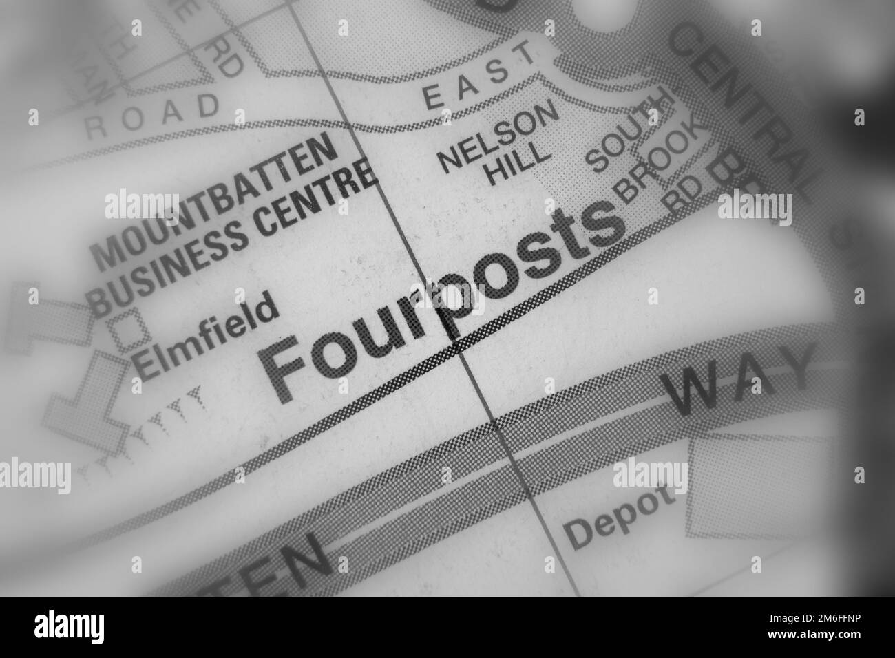 Fourposts Distrito de la ciudad portuaria de Southampton, Hampshire, Reino Unido atlas mapa nombre de la ciudad - blanco y negro tilf-shift Foto de stock