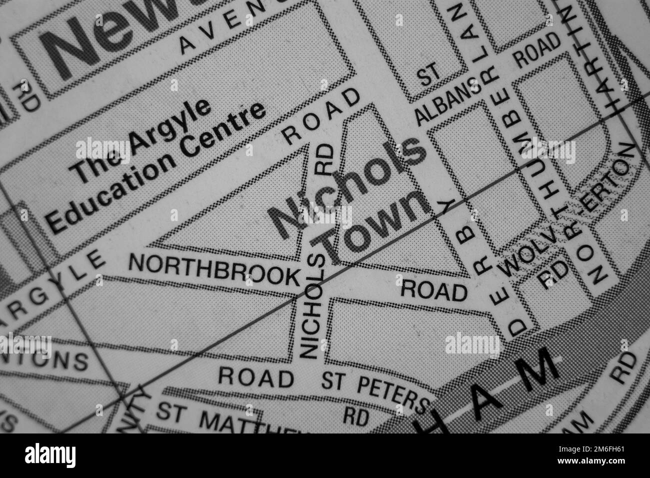 Nichols Town District de la ciudad portuaria de Southampton, Hampshire, Reino Unido atlas mapa nombre de la ciudad - blanco y negro Foto de stock