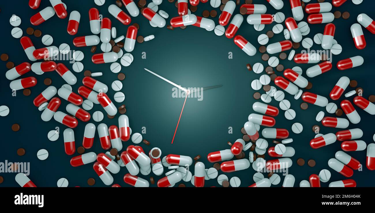 Reloj, rodeado de cientos de cápsulas de medicamentos y píldoras de suplementos, lo que indica una sobredosis de ingesta de suplementos alimenticios - ilustración 3D Foto de stock