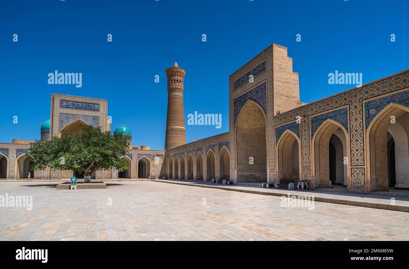 La mezquita Kalan y el minarete Kalan en el complejo religioso islámico Poi Kalan en Bujara, Uzbekistán Foto de stock